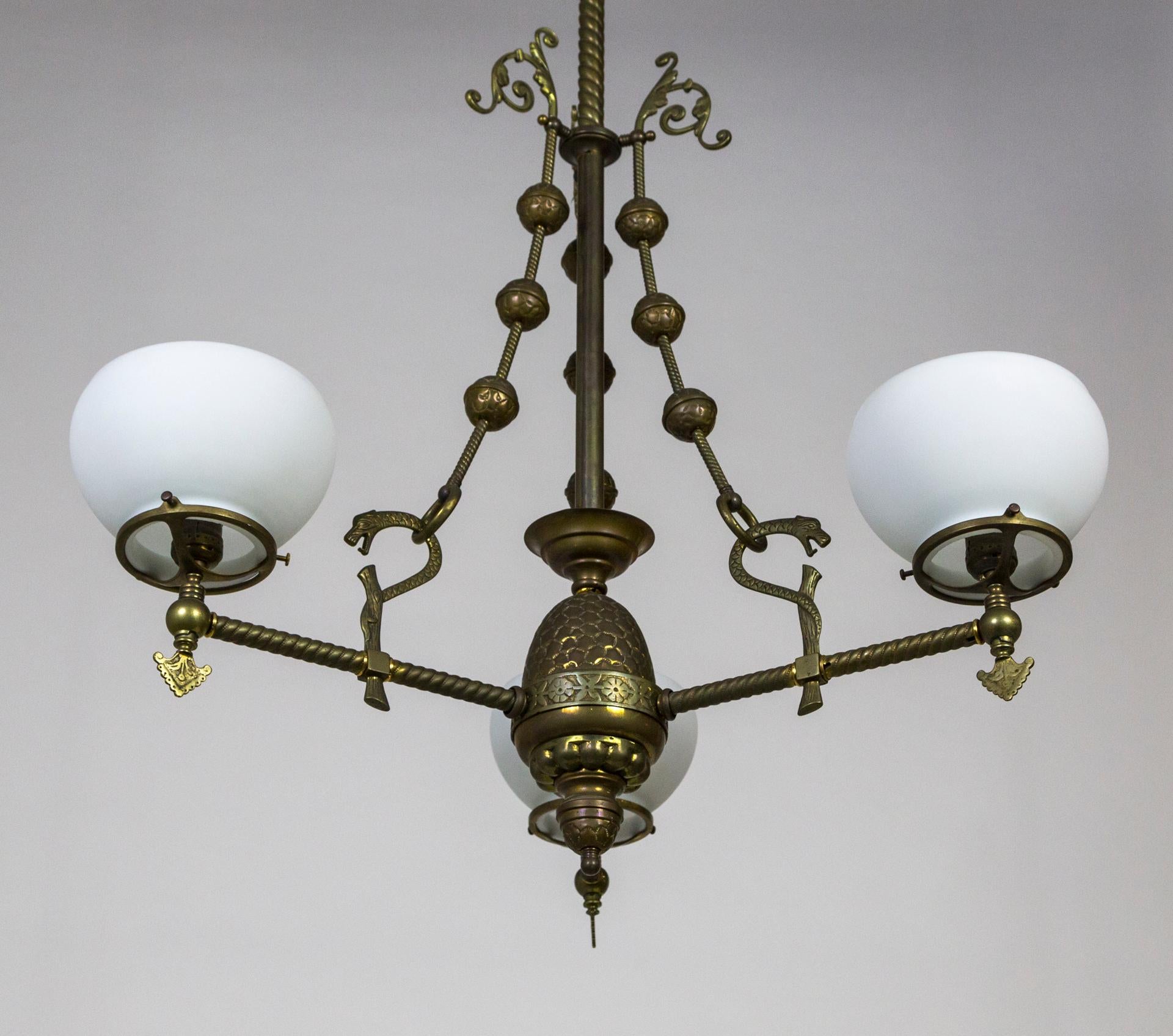 Brass Intricately Detailed Late Victorian Gas 3-Light Chandelier '2 available'
