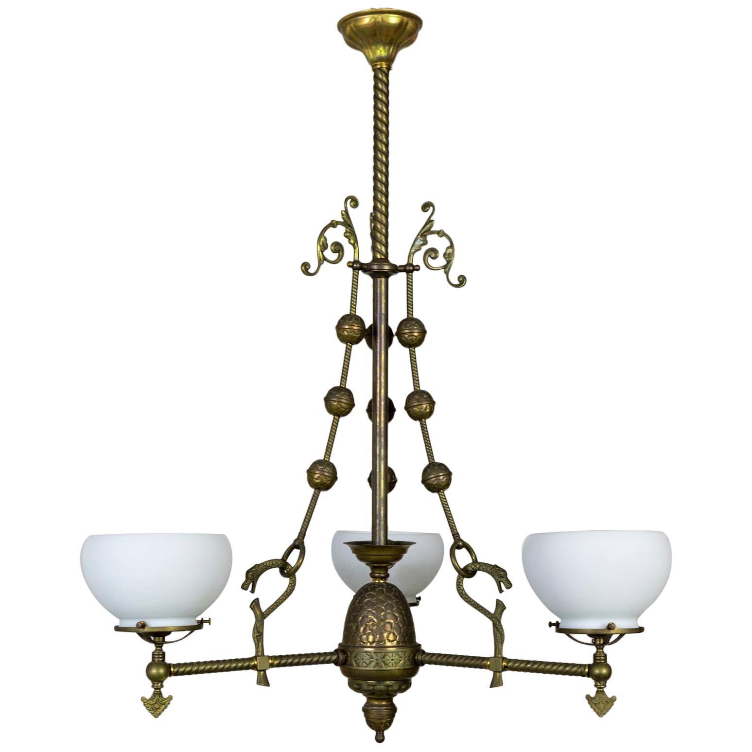 Intricately Detailed Late Victorian Gas 3-Light Chandelier '2 available'