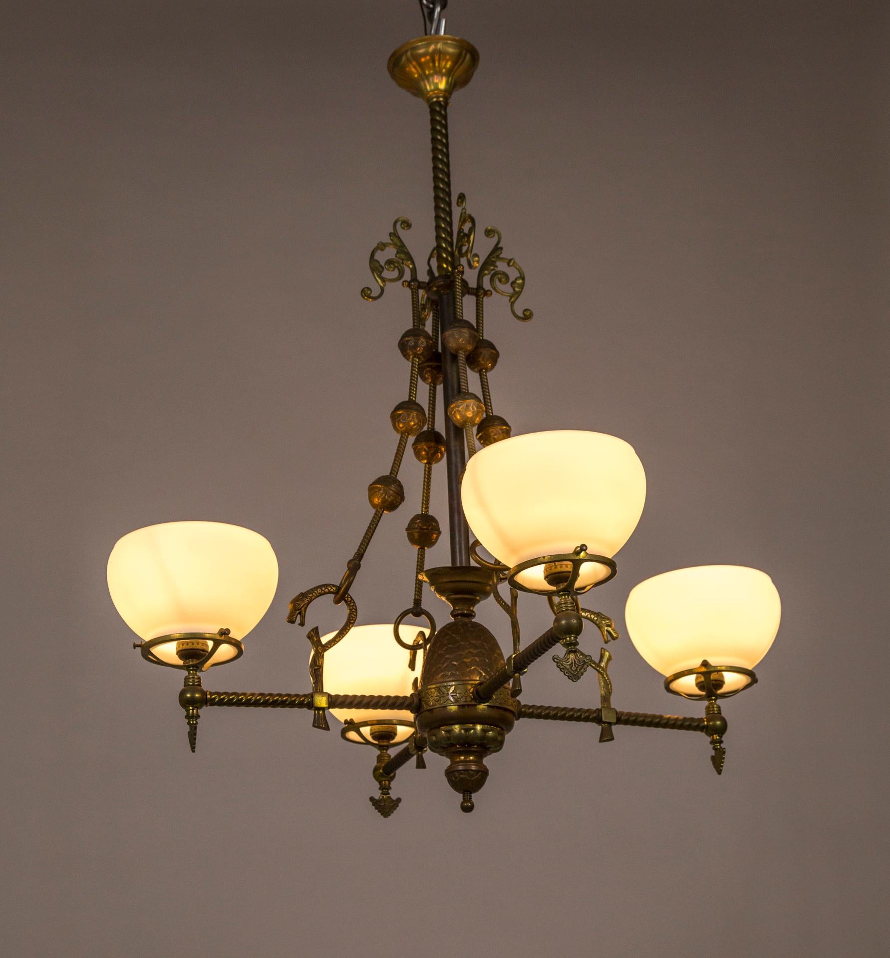 Intricately Detailed Late Victorian Gas 4-Light Chandelier 4