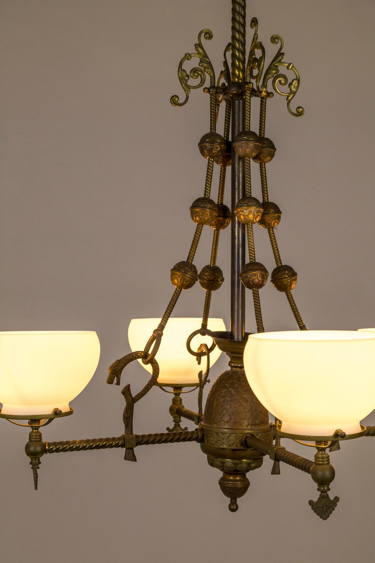 American Intricately Detailed Late Victorian Gas 4-Light Chandelier