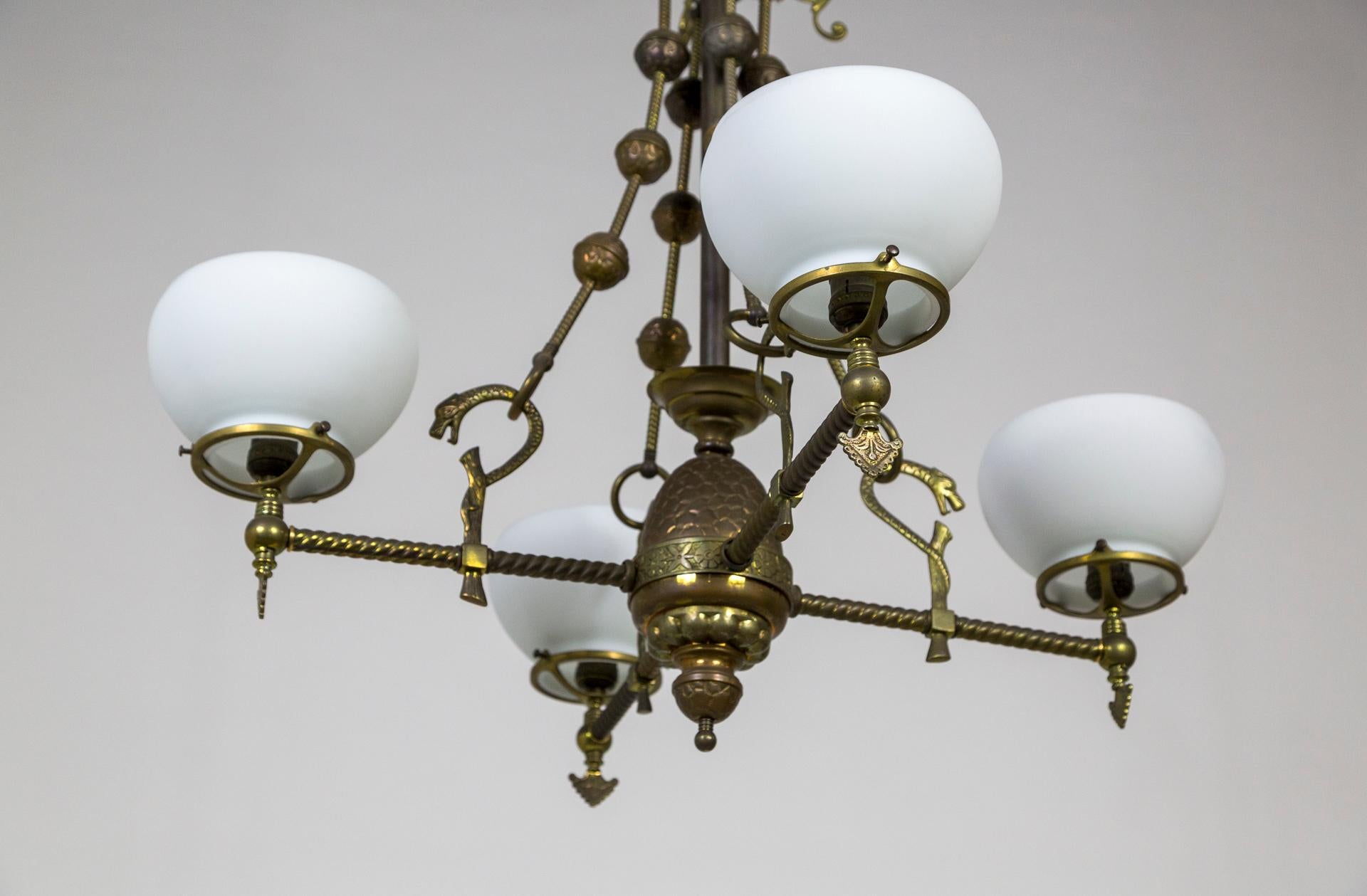 Cast Intricately Detailed Late Victorian Gas 4-Light Chandelier