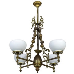 Antique Intricately Detailed Late Victorian Gas 4-Light Chandelier