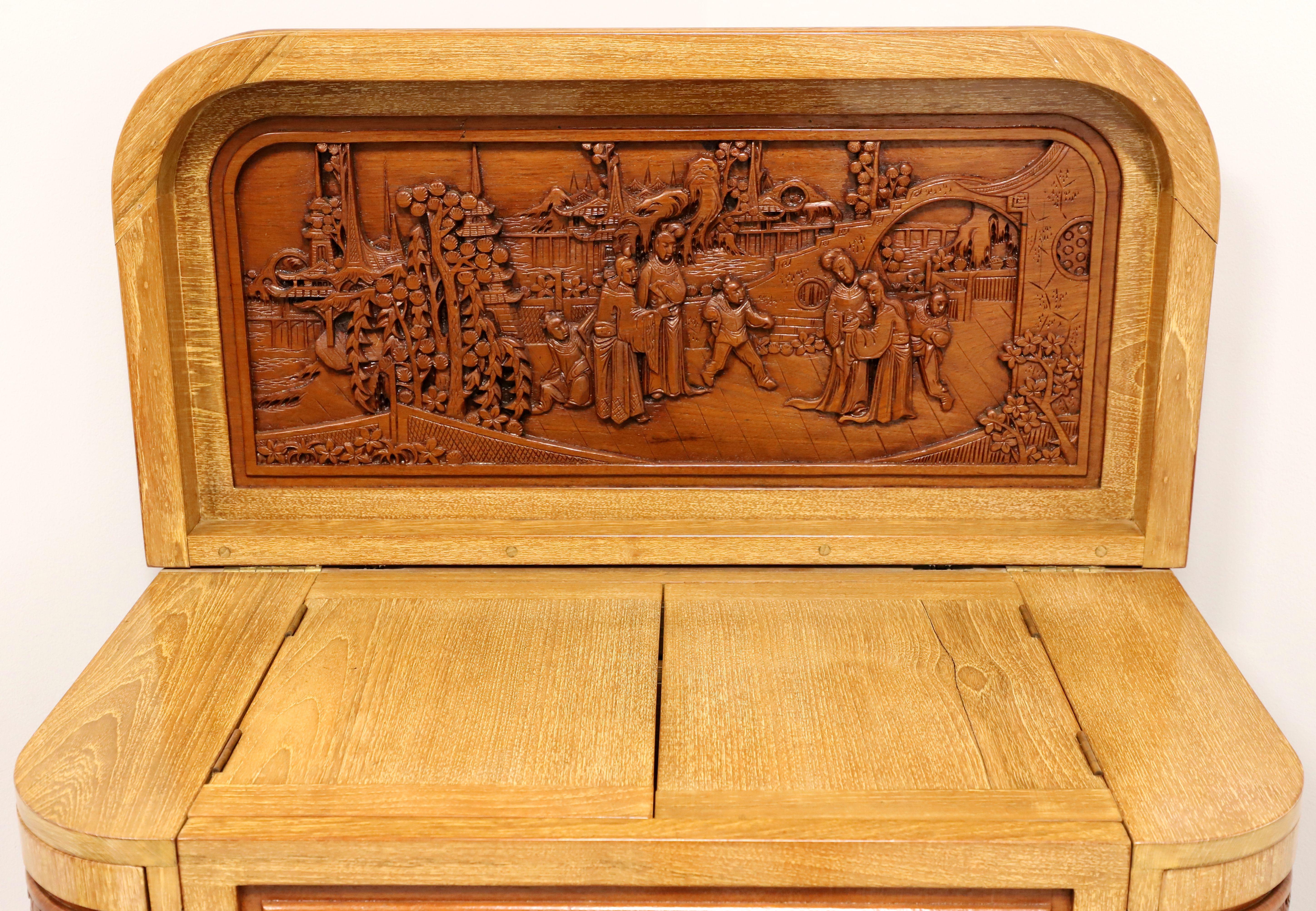 Intricately Hand Carved 1960's Teak Asian Chinese Bar Cabinet 1