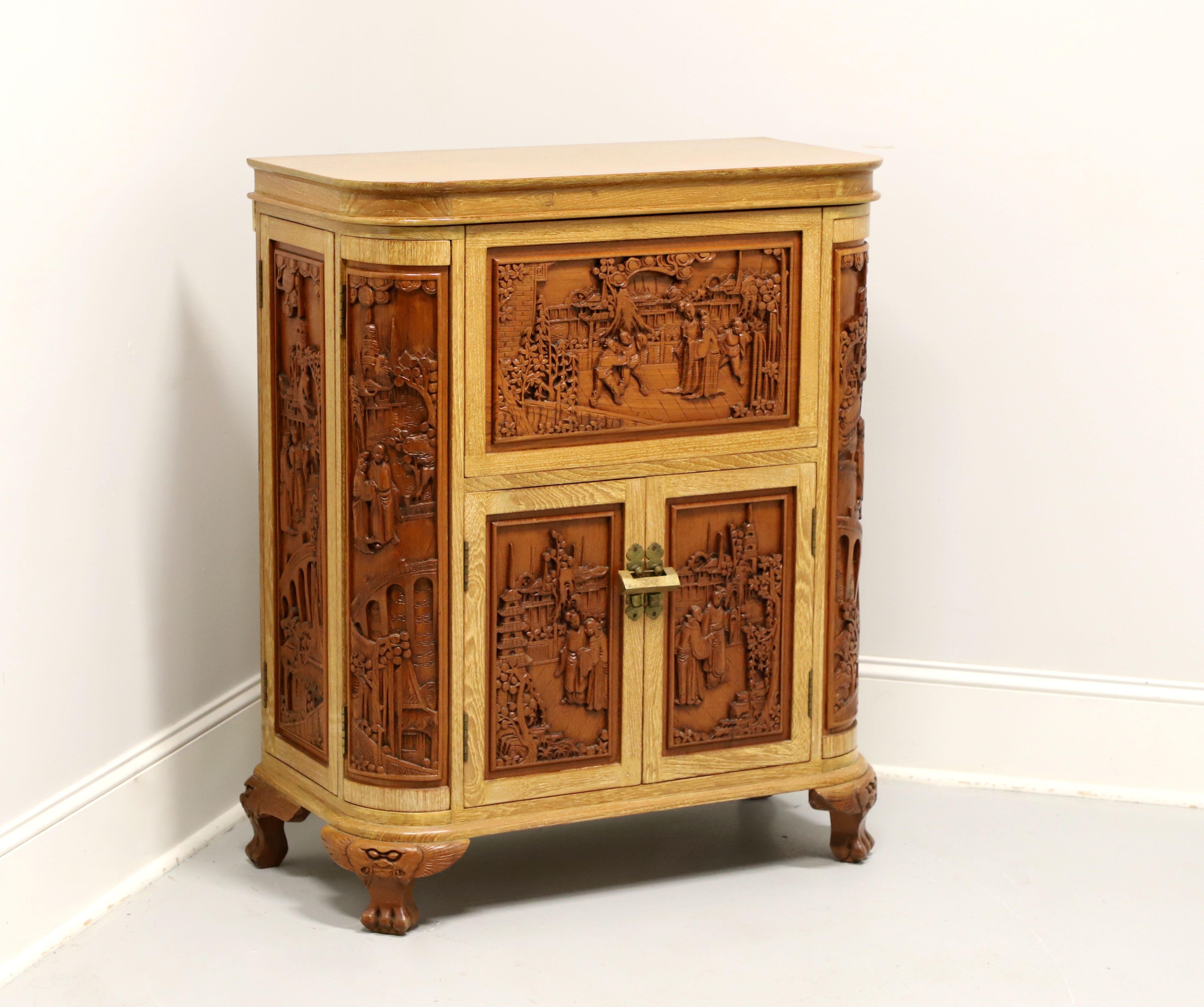 Intricately Hand Carved 1960's Teak Asian Chinese Bar Cabinet 10