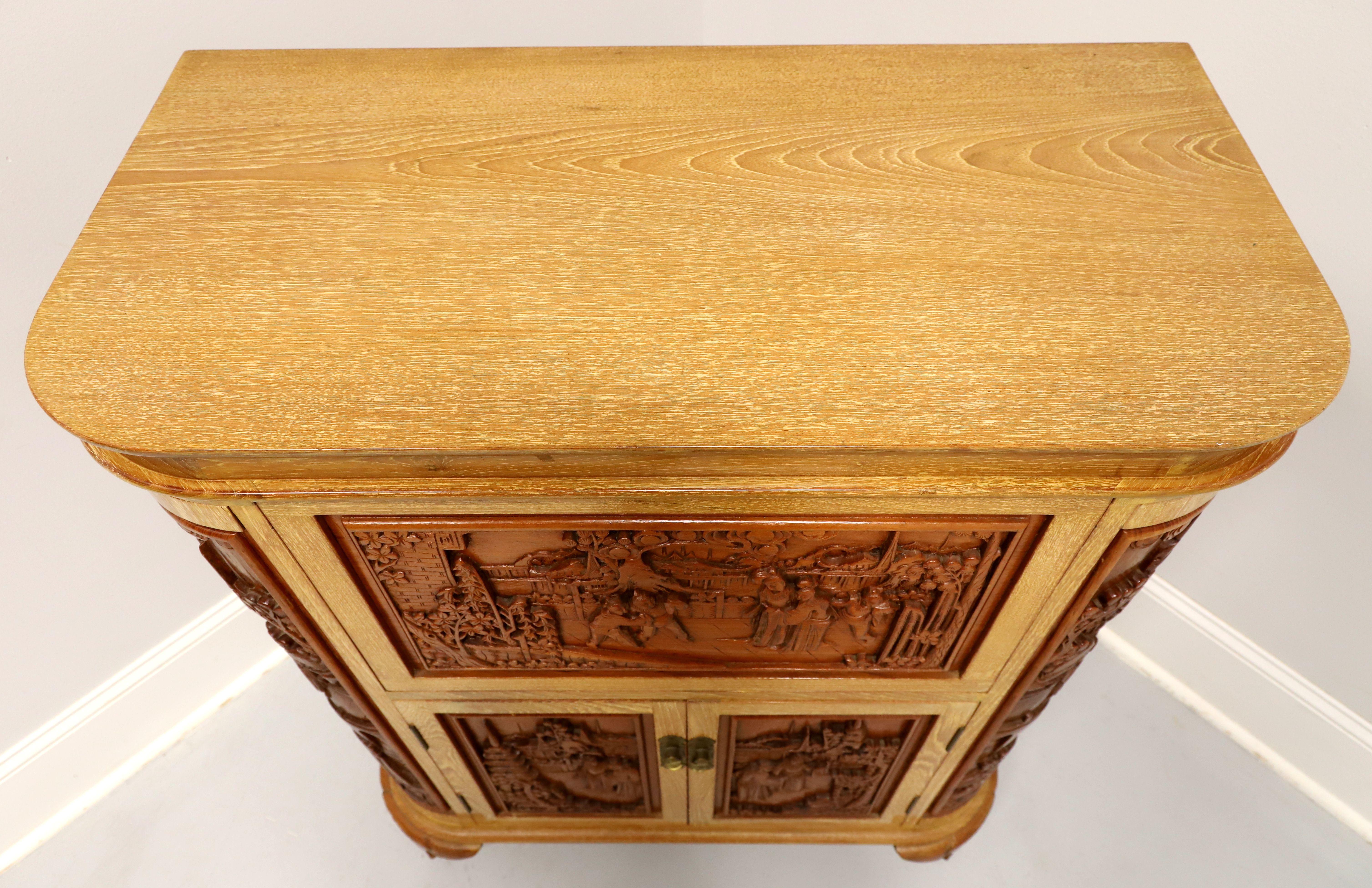 Chinese Export Intricately Hand Carved 1960's Teak Asian Chinese Bar Cabinet