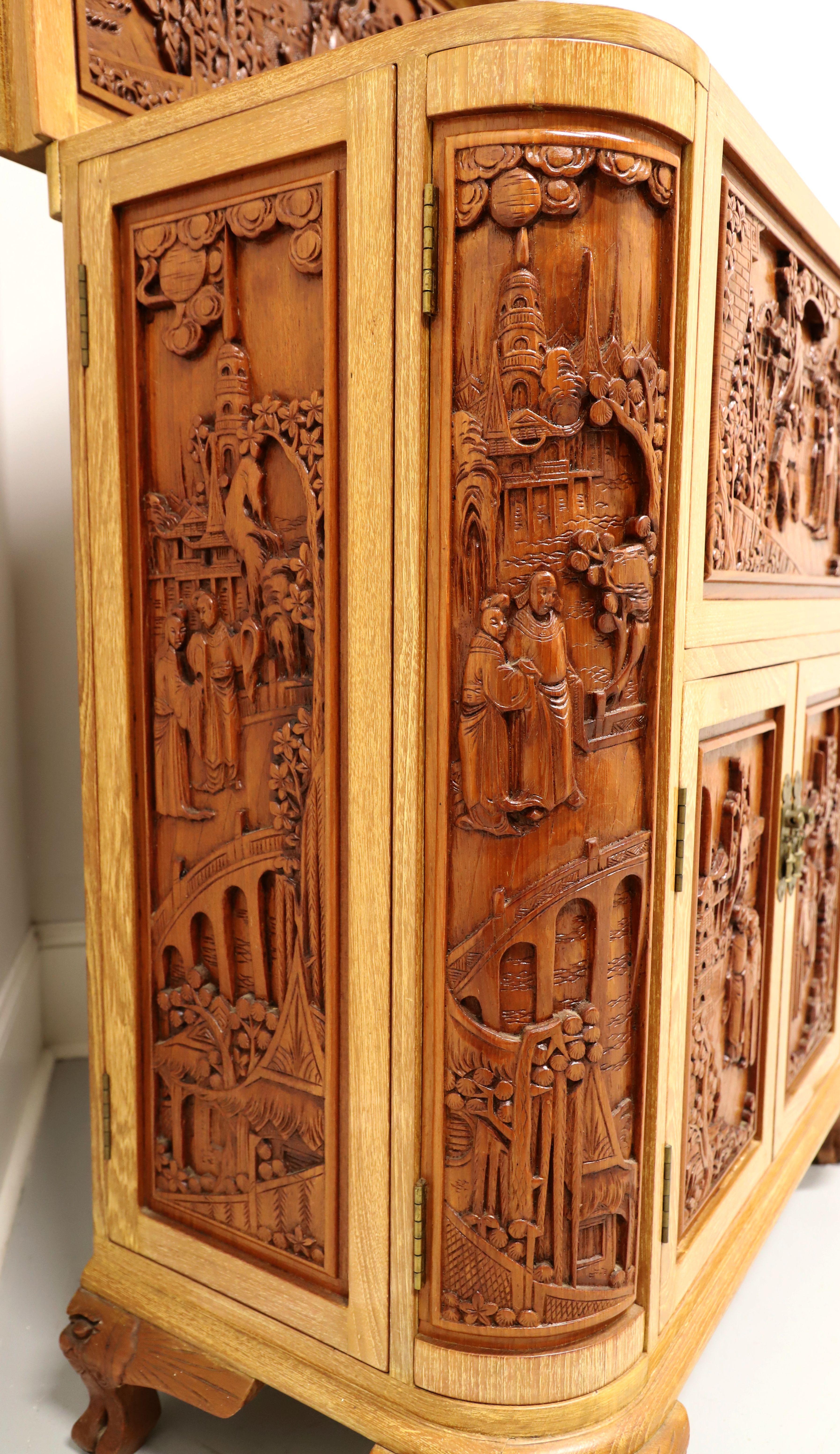 Hong Kong Intricately Hand Carved 1960's Teak Asian Chinese Bar Cabinet