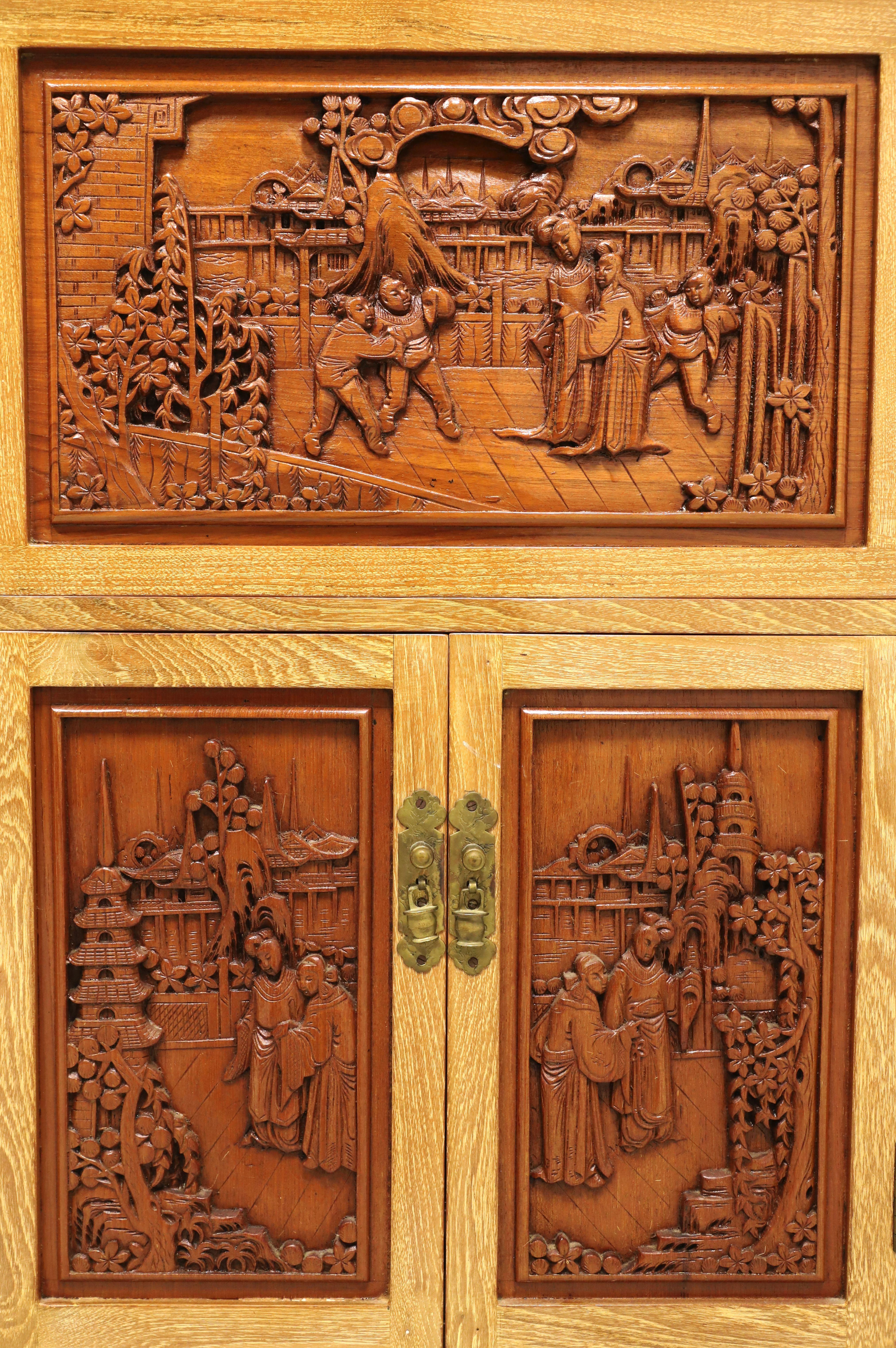Intricately Hand Carved 1960's Teak Asian Chinese Bar Cabinet In Good Condition In Charlotte, NC