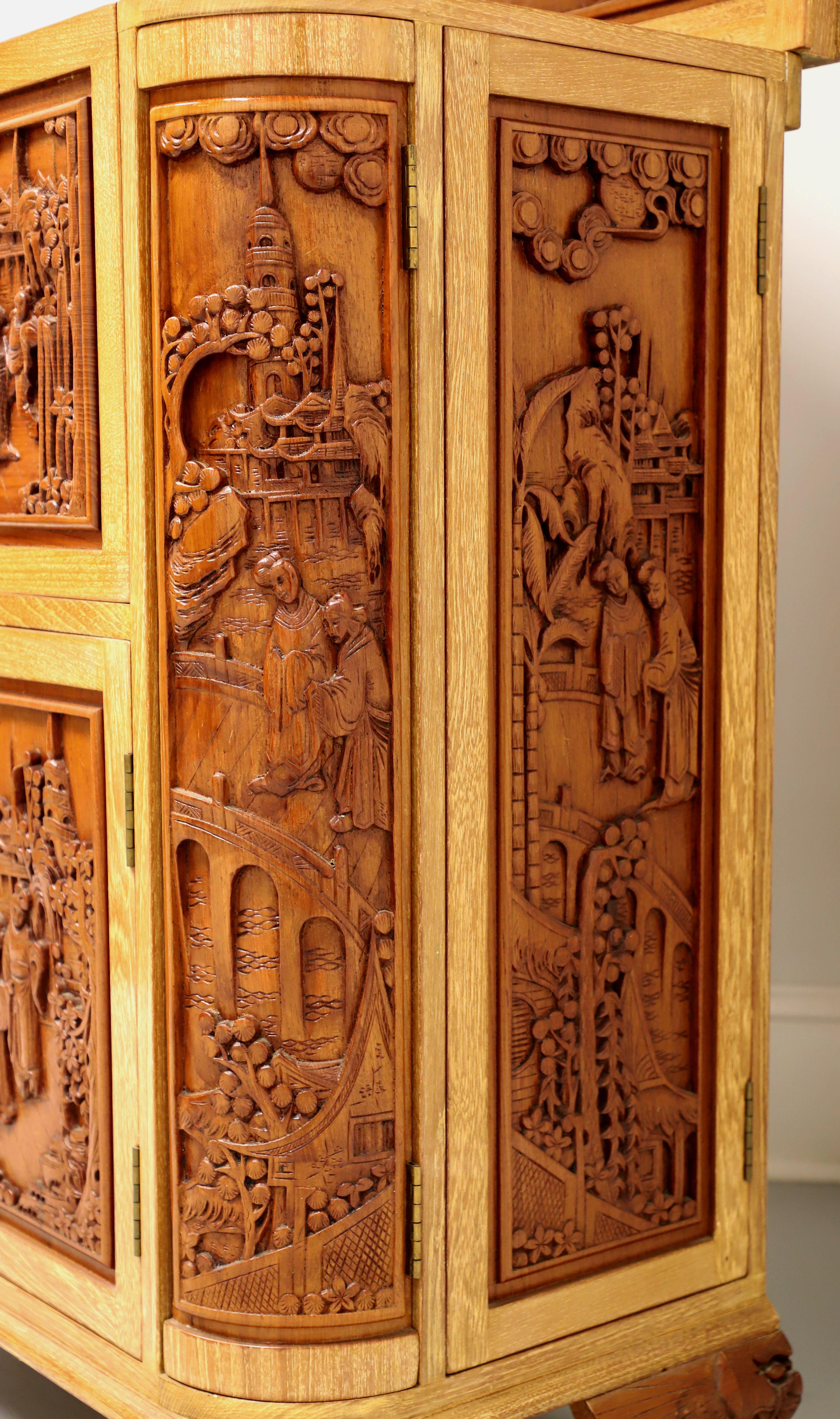 20th Century Intricately Hand Carved 1960's Teak Asian Chinese Bar Cabinet