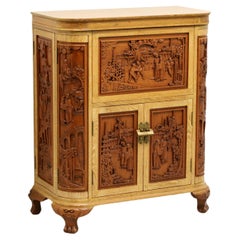 Intricately Hand Carved 1960's Teak Asian Chinese Bar Cabinet