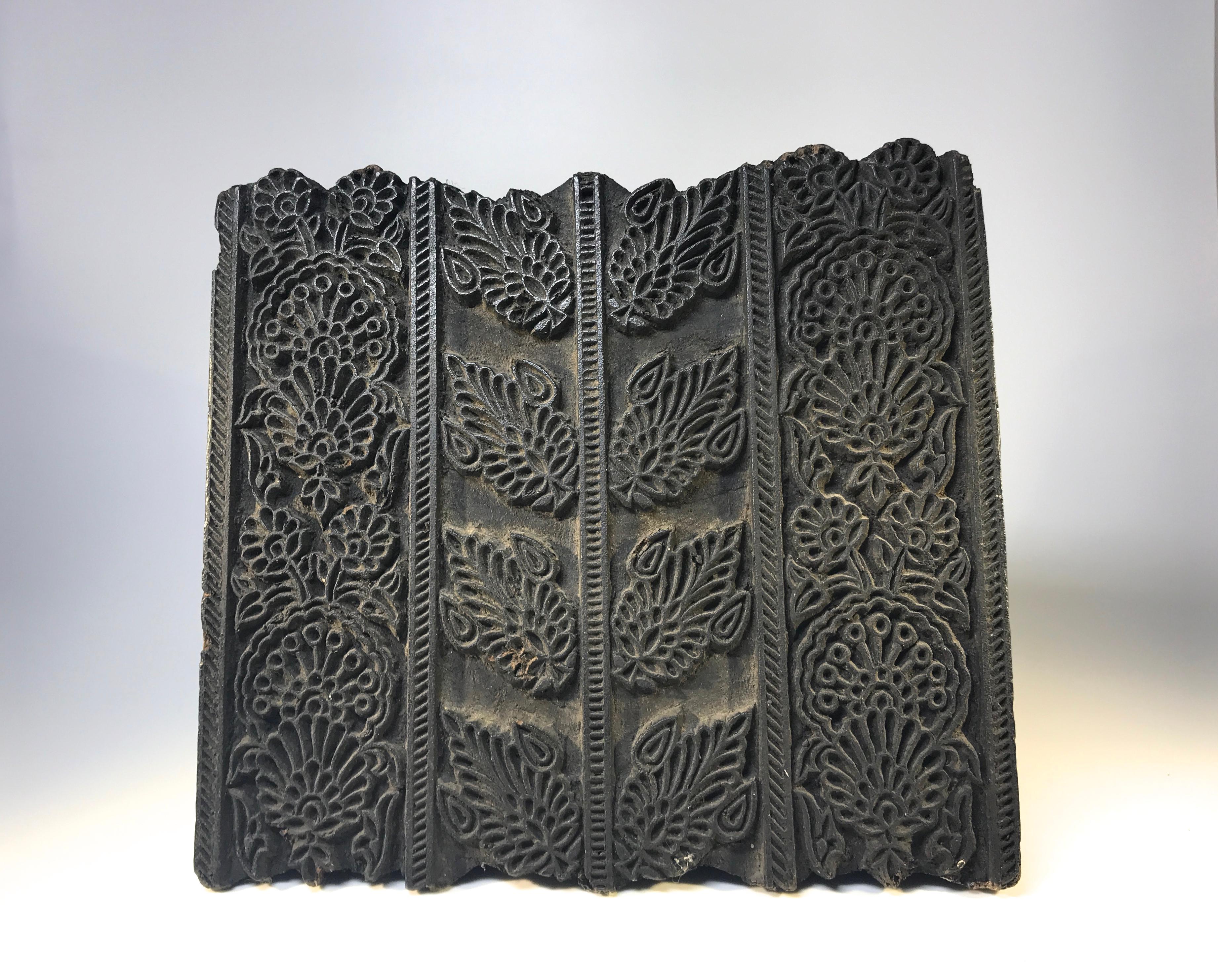 Hand-Crafted Intricately Hand Carved, Vintage Asian Midcentury Heavy Wooden Square Printing For Sale