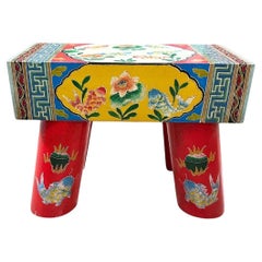 Intricately Hand-Painted Chinese Elm Wood Chair with Traditional Motifs