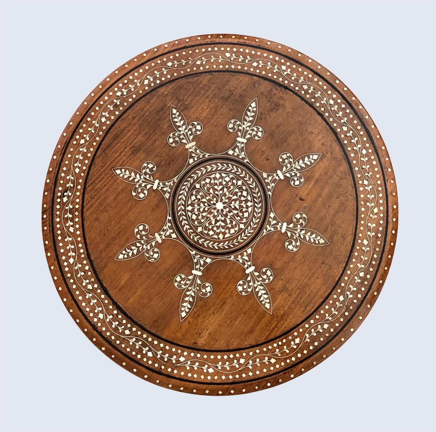 Early 20th Century Intricately Inlaid Anglo Indian Circular Traveling Table