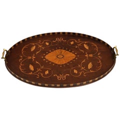 Intricately Inlaid English Victorian Marquetry Oval Tray with Brass Handles
