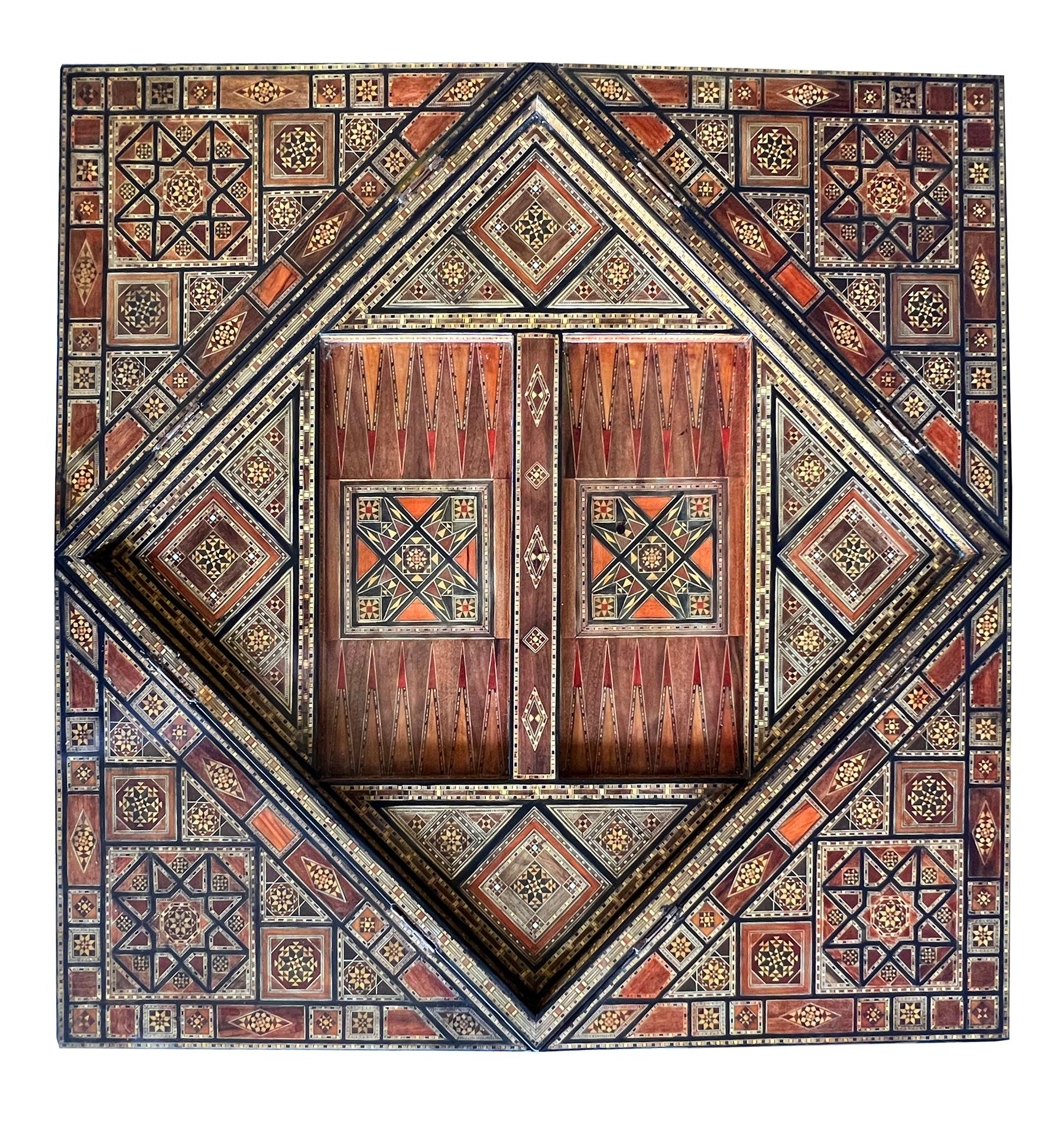 Intricately Inlaid Moorish Square Game Table with Pivoting Handkerchief Top For Sale 6