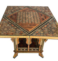 Intricately Inlaid Moorish Square Game Table with Pivoting Handkerchief Top