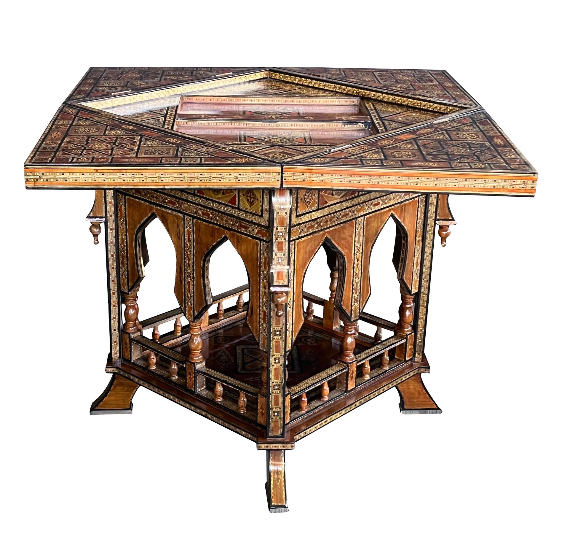 Intricately Inlaid Moorish Square Game Table with Pivoting Handkerchief Top In Good Condition For Sale In San Francisco, CA