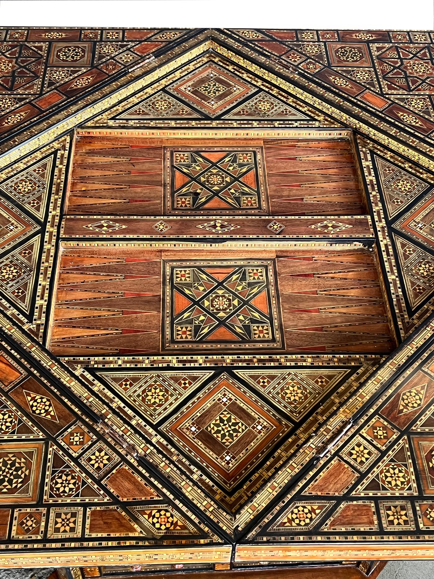 Wood Intricately Inlaid Moorish Square Game Table with Pivoting Handkerchief Top For Sale
