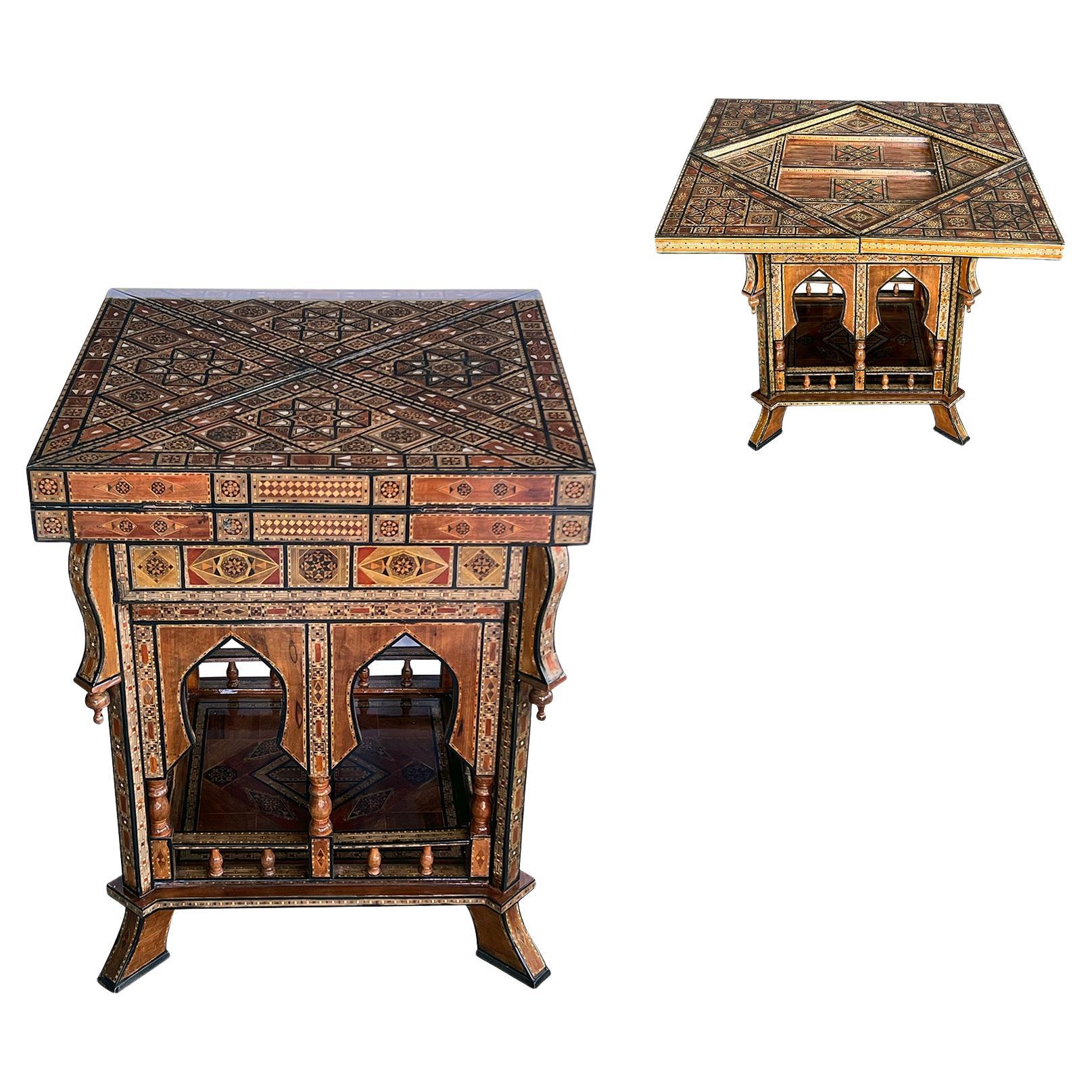 Intricately Inlaid Moorish Square Game Table with Pivoting Handkerchief Top For Sale