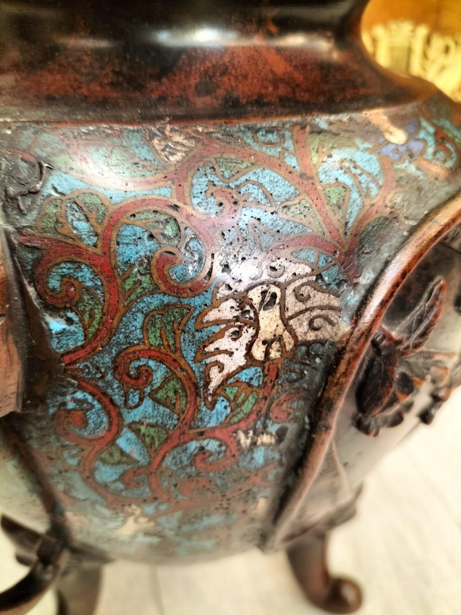 Hand-Crafted Intricately Ornamented japanese Incense Burner-Vase in Bronze and Enamel For Sale