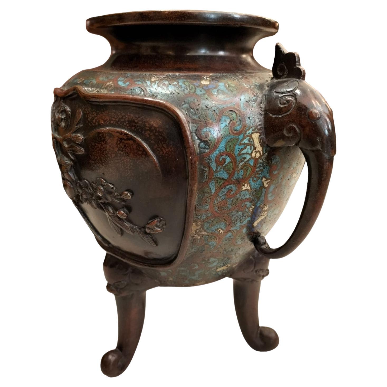 Intricately Ornamented japanese Incense Burner-Vase in Bronze and Enamel For Sale
