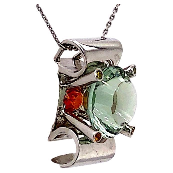 9 Carat Prasiolite, Spessartite, White Gold Pendant Necklace For Sale