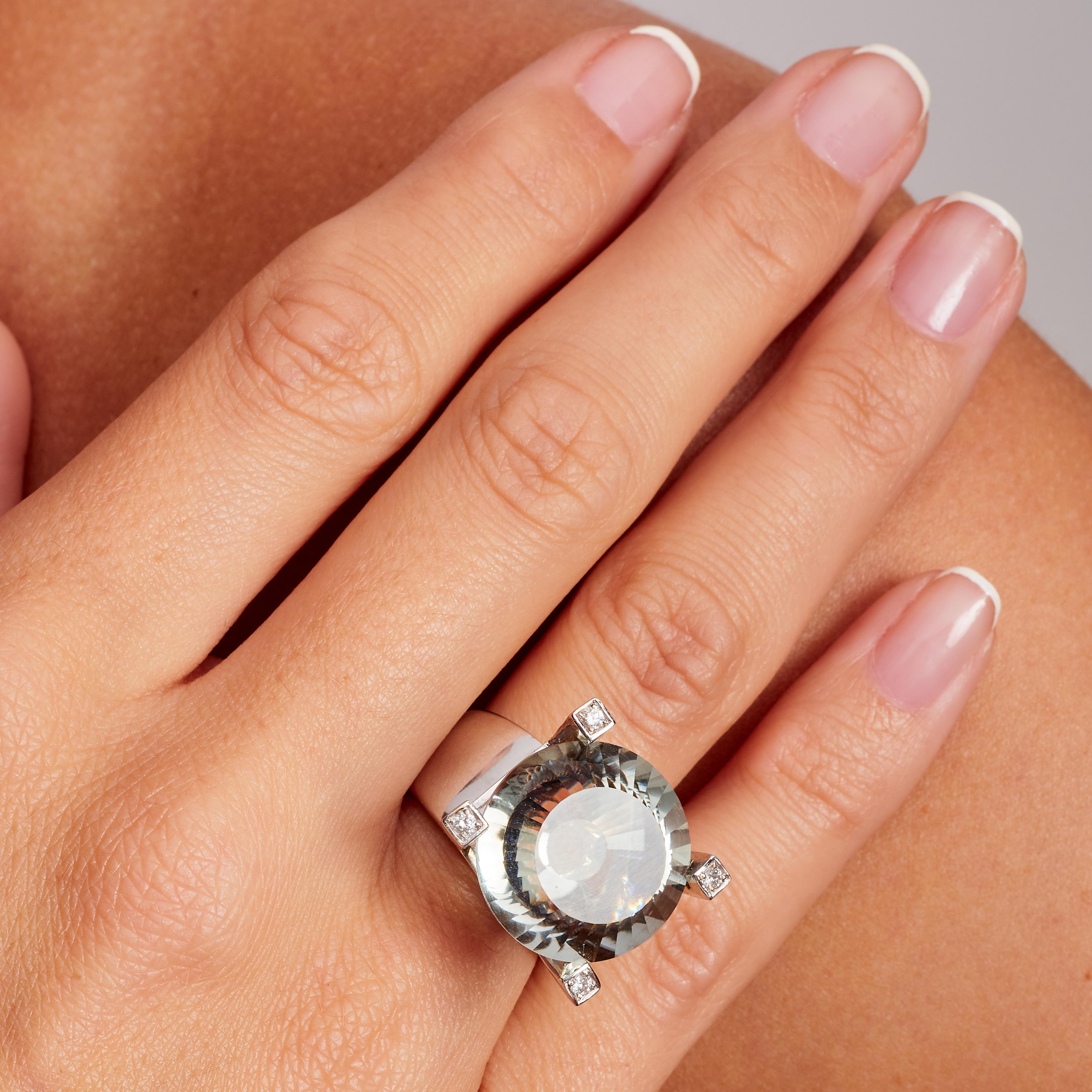 Mixed Cut 28.55 Carat Prasiolite Sapphire Diamond 18k White Gold Fashion Ring For Sale