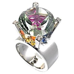 28.55 Carat Prasiolite Sapphire Diamond 18k White Gold Fashion Ring