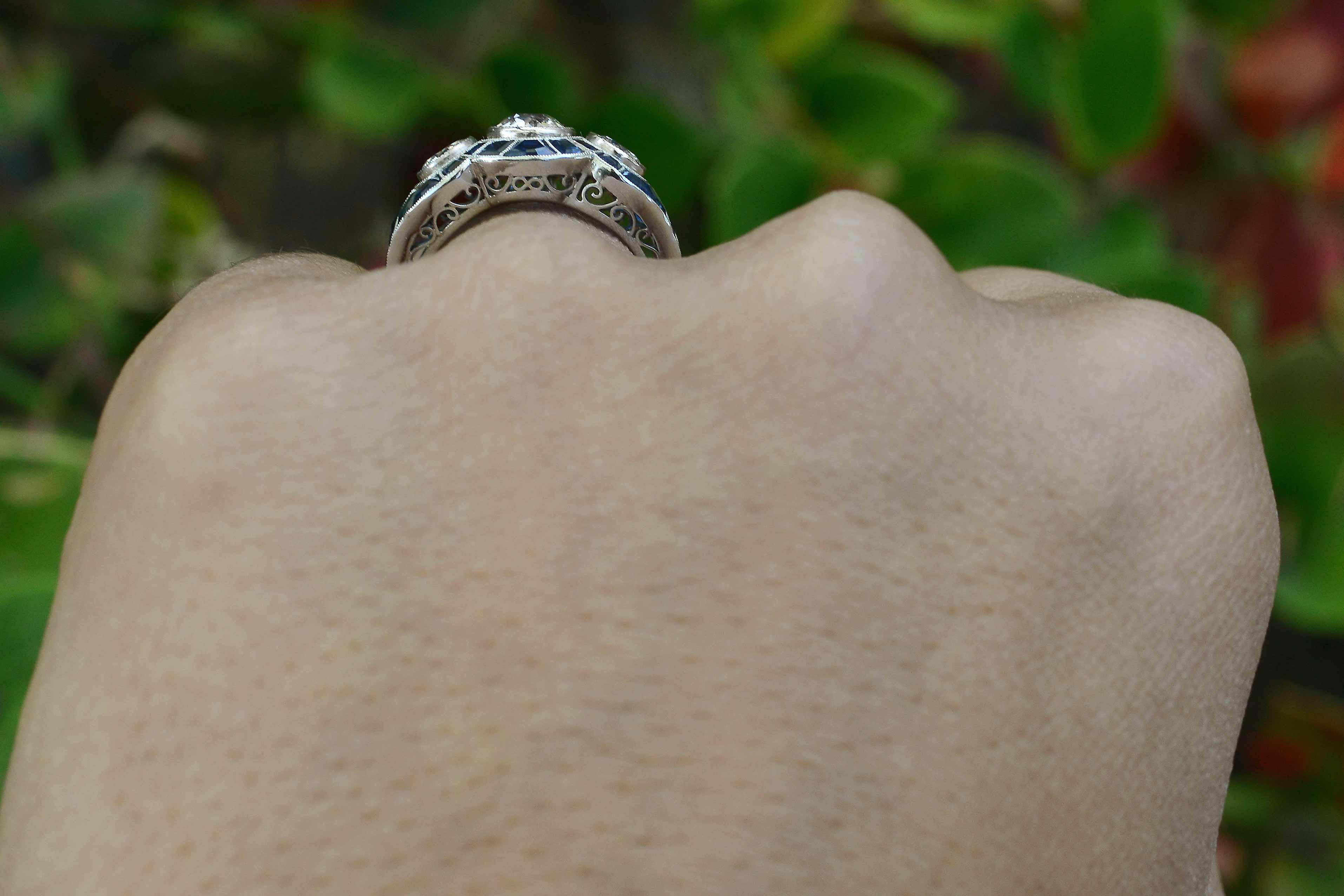 Old Mine Cut Intriguing 3-Stone Diamond Engagement Ring Trinity Sapphire Art Deco Revival