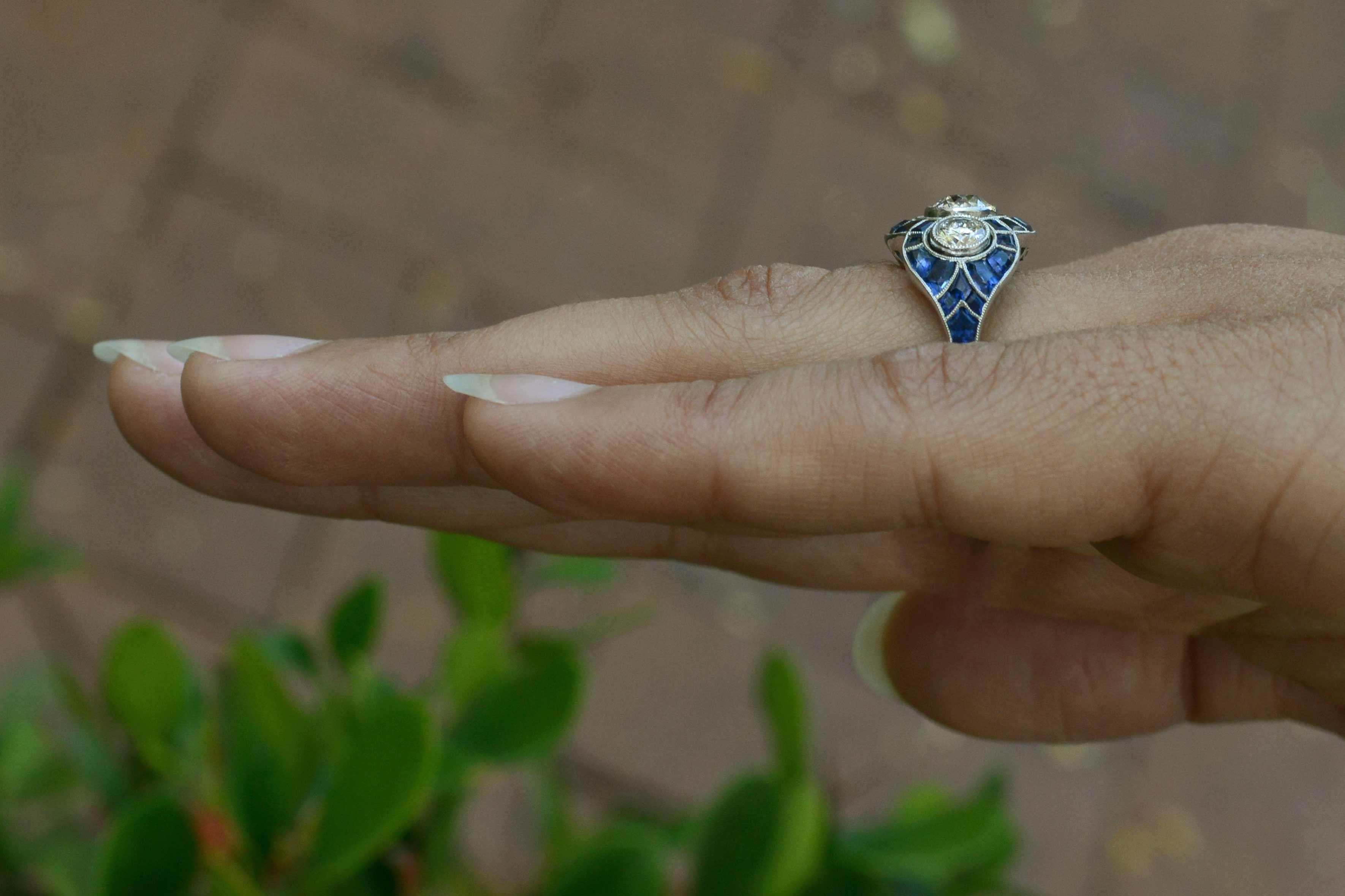 Intriguing 3-Stone Diamond Engagement Ring Trinity Sapphire Art Deco Revival In Good Condition In Santa Barbara, CA