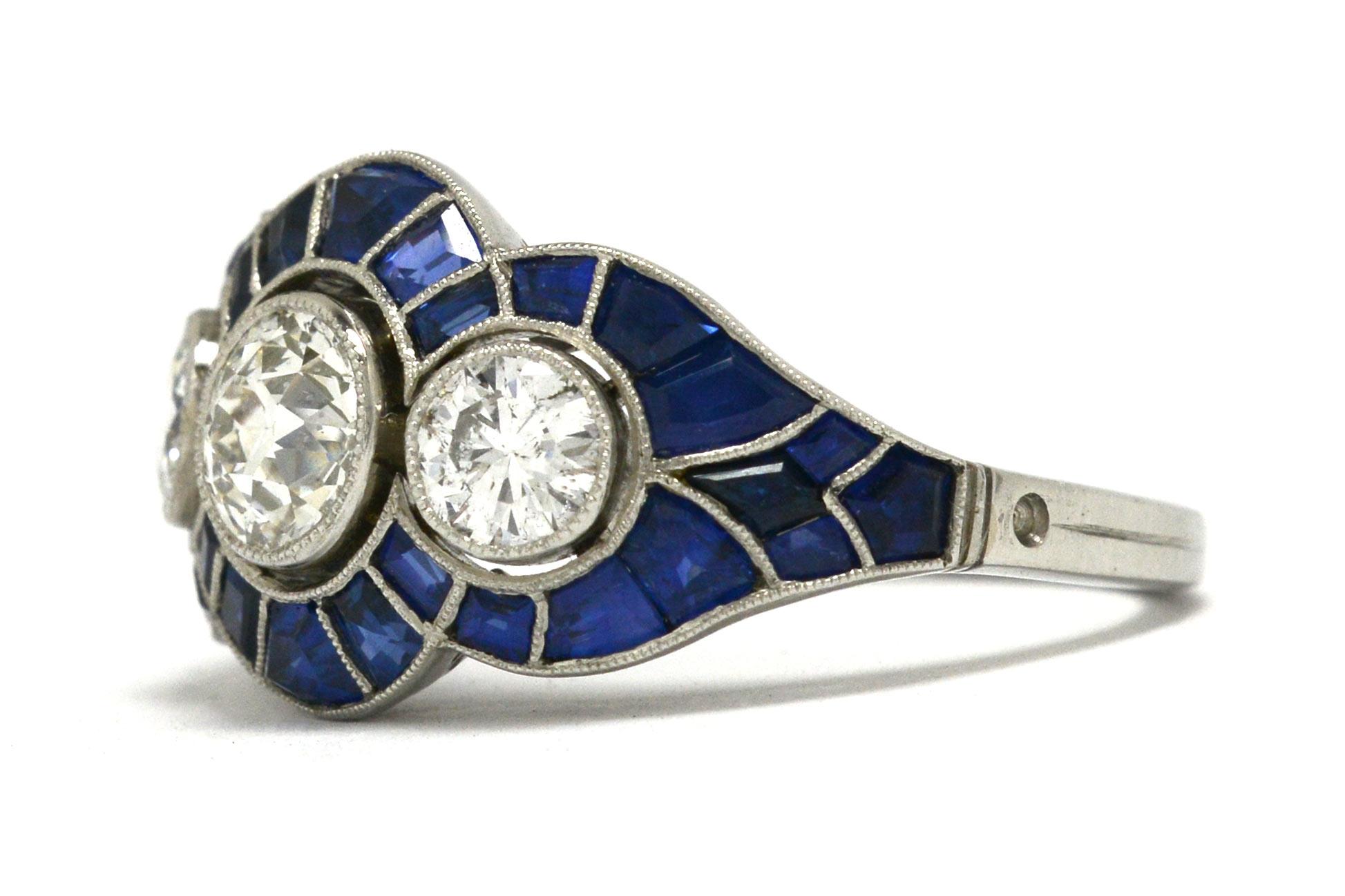 Women's Intriguing 3-Stone Diamond Engagement Ring Trinity Sapphire Art Deco Revival