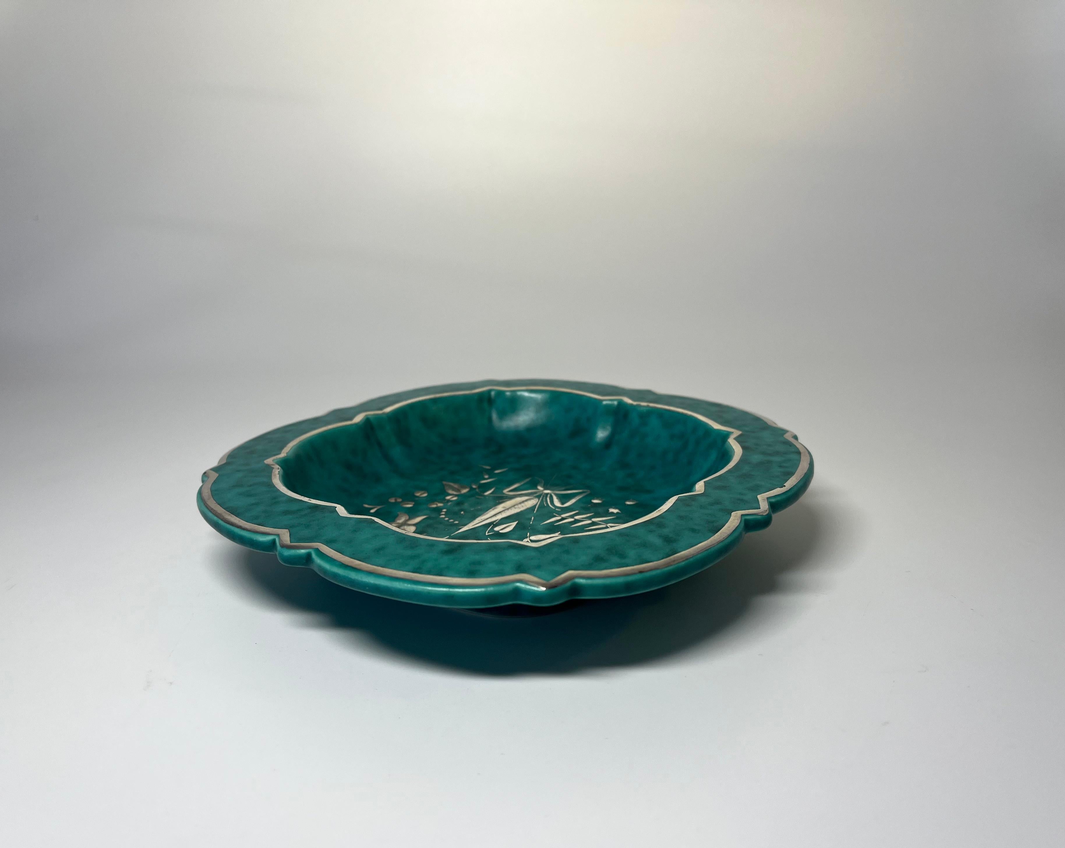 Glazed Wilhelm Kage, Argenta Series For Gustavsberg, Stoneware Silver Flora Dish c1940