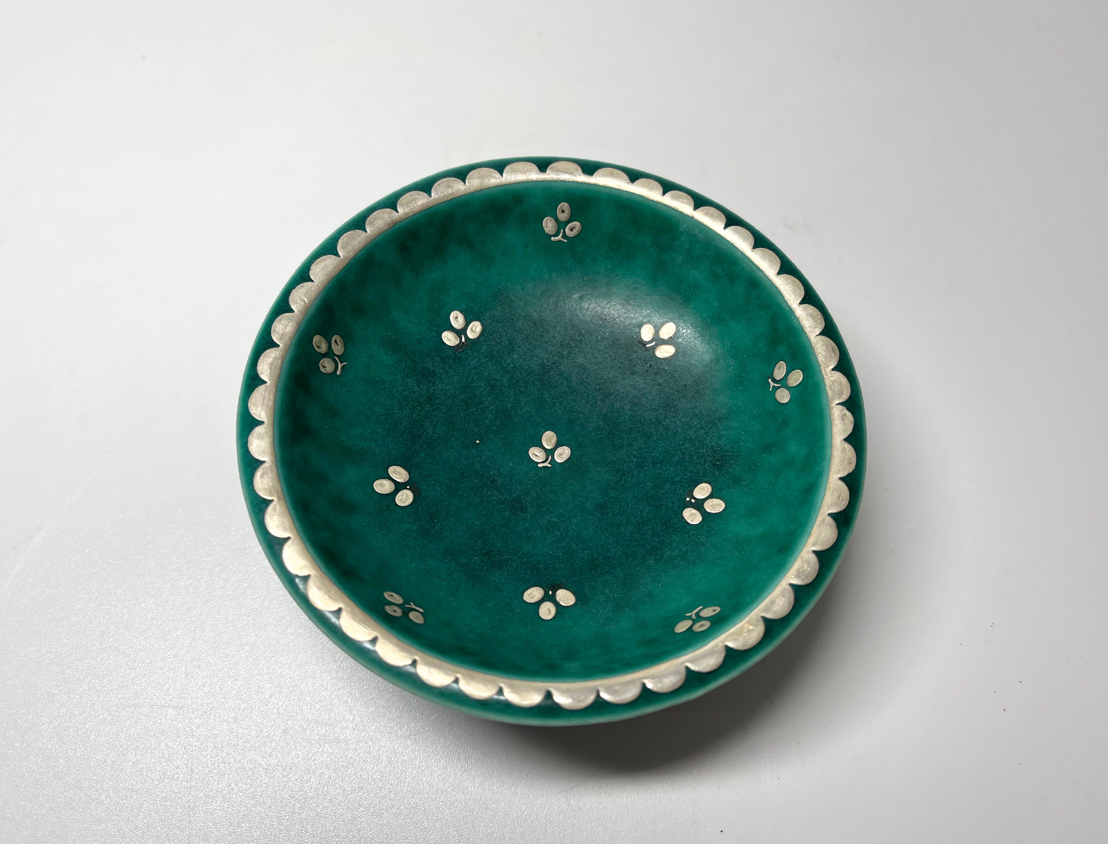 Glazed Introduction To Wilhelm Kage, Small Footed Stoneware Applied Silver Floral Dish