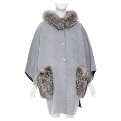 INTUITION PARIS grey cashmere wool real fur hooded removable collar cape coat S