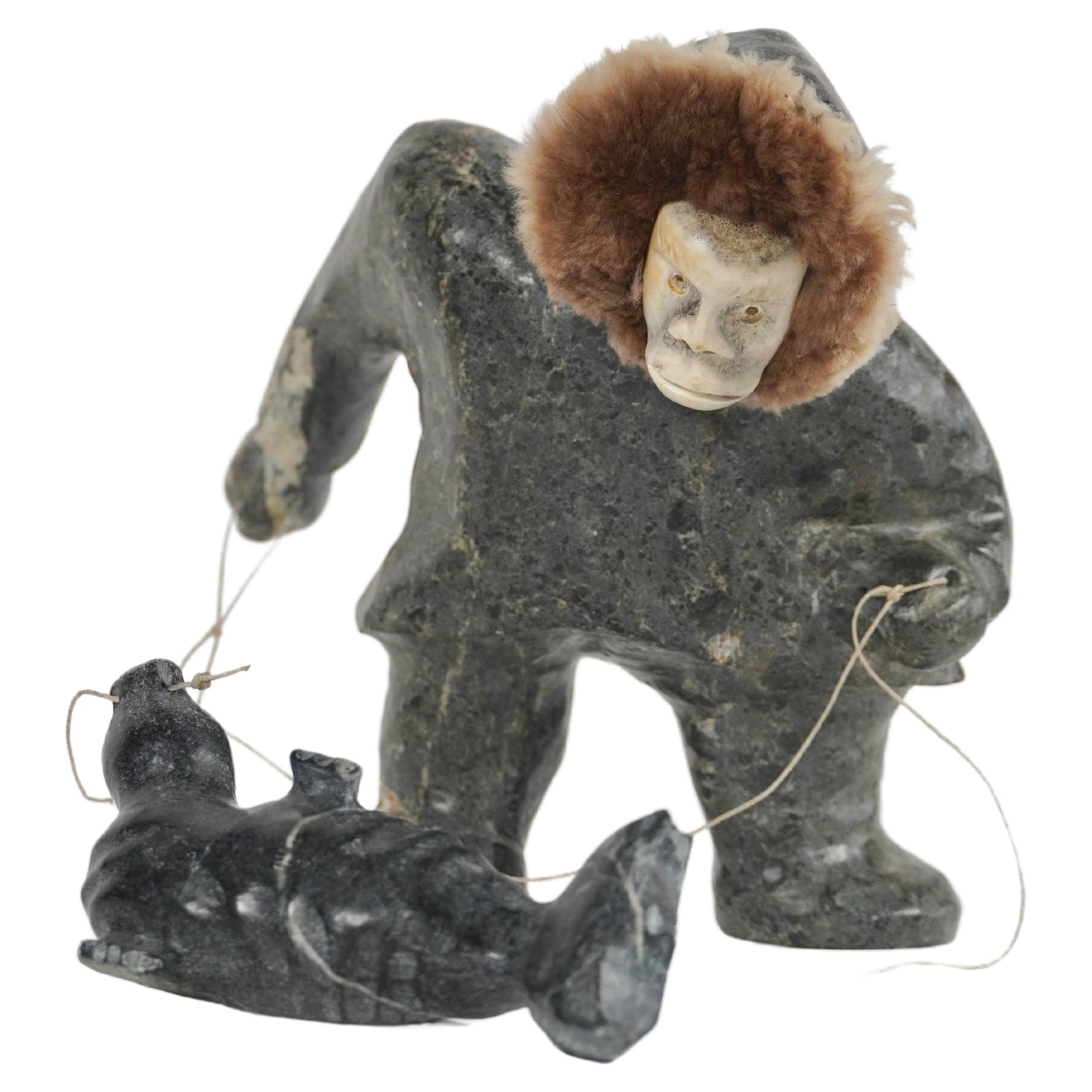 Inuit Artist George Noah Soapstone Sculpture "the Seal Hunter" Rankin Inlet For Sale