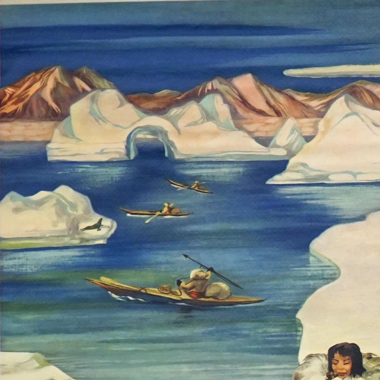 The vintage pull-down wallchart illustrates the Inuit life in the polar region with an inside view of an igloo, dog sleds, fishing with boats (umiak) and ice fishing. The artist is Groening Jun., published by Dr. te Neues, Geographic pictures no.6.