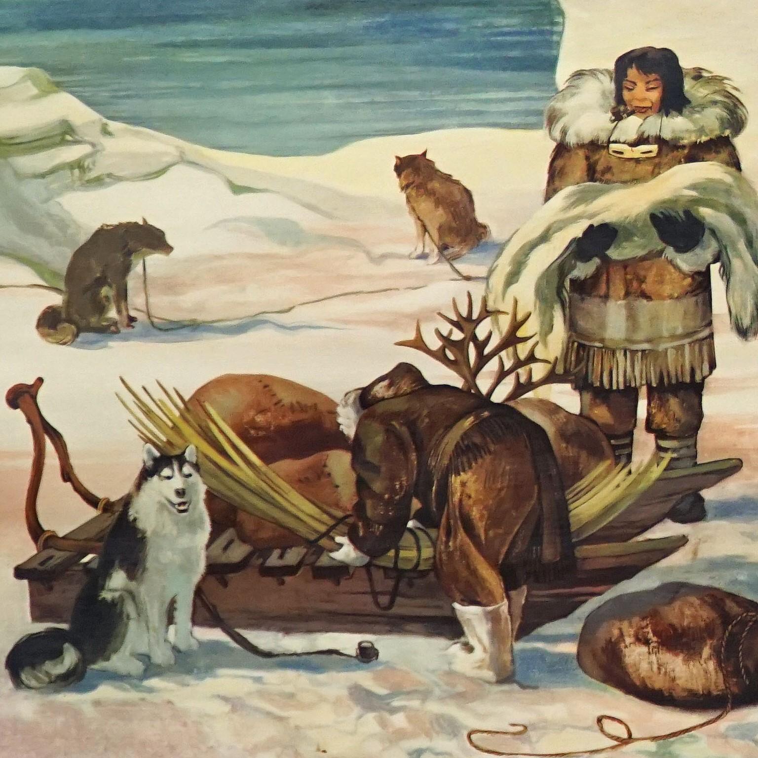 Allemand Carte murale enroulable sur la vie des Inuit Eskimo Région polaire Chasse au chien de traîneau en vente