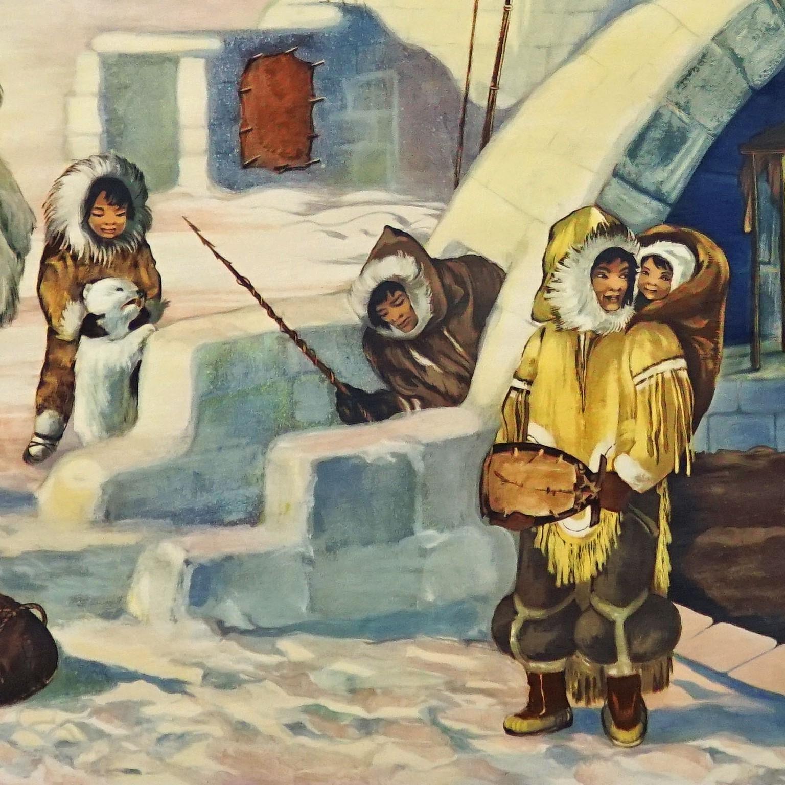 Carte murale enroulable sur la vie des Inuit Eskimo Région polaire Chasse au chien de traîneau Bon état - En vente à Berghuelen, DE