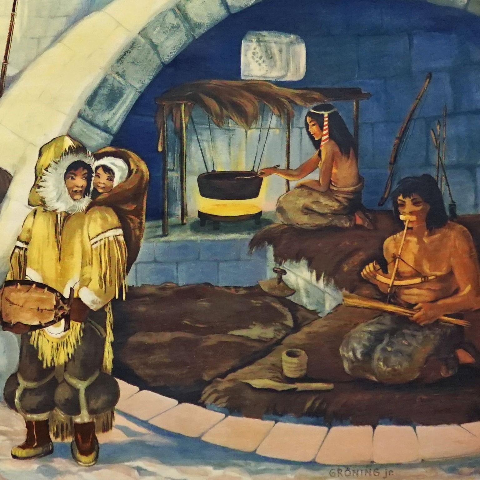 Fin du 20e siècle Carte murale enroulable sur la vie des Inuit Eskimo Région polaire Chasse au chien de traîneau en vente
