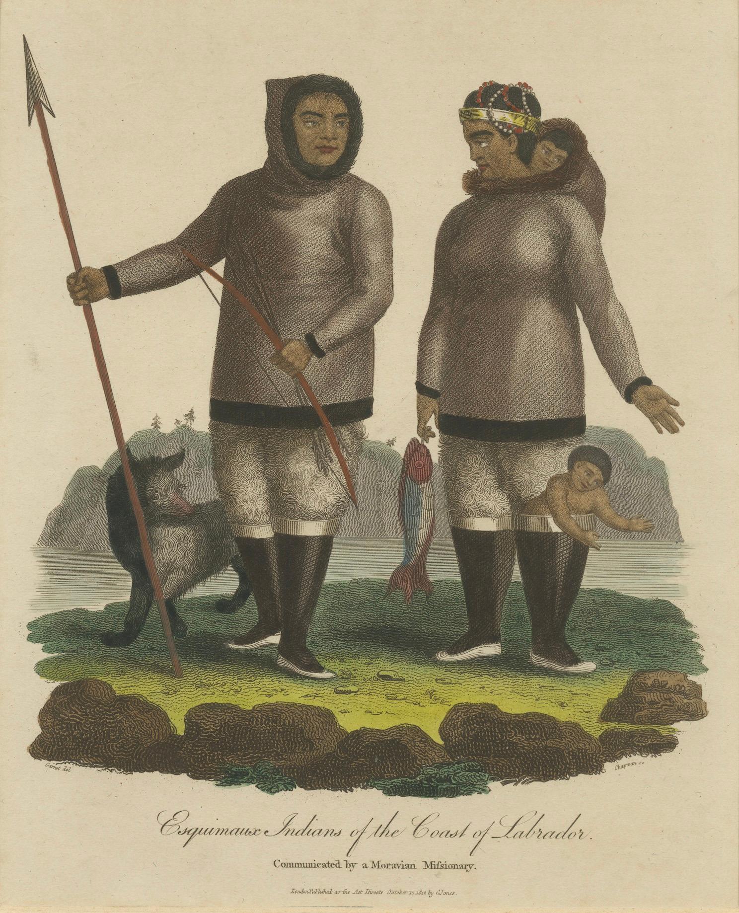 This original hand-colored engraving for sale is a historical print, depicting two indigenous individuals, likely Inuit, referred to in the print as 