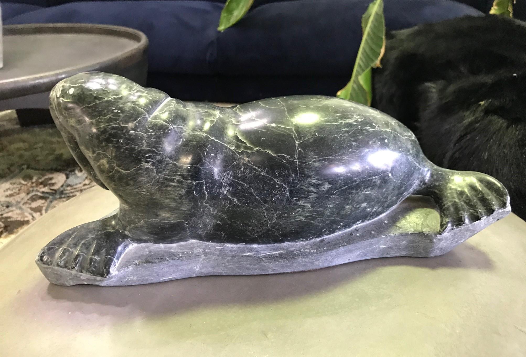 Canadian Inuit Native American Eskimo Signed Large Stone Carved Tusked Walrus Sculpture For Sale