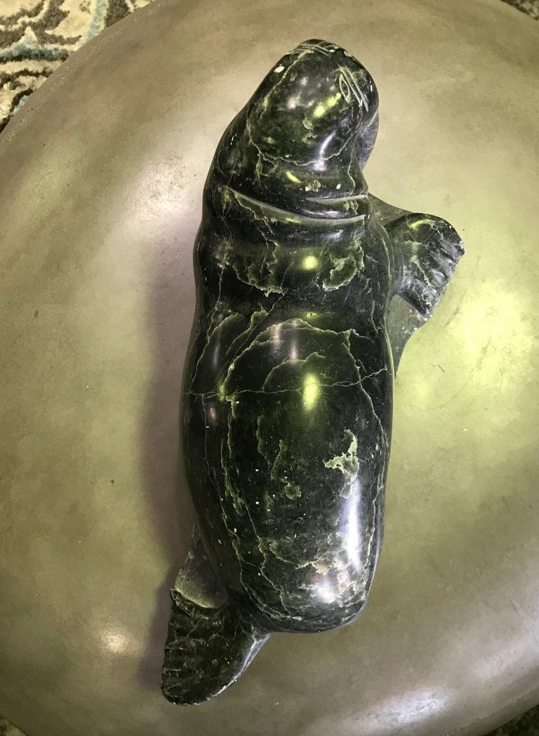 Inuit Native American Eskimo Signed Large Stone Carved Tusked Walrus