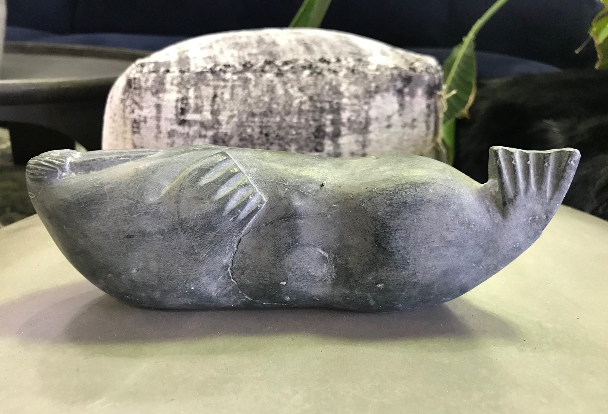 Canadian Inuit Native American Eskimo Signed Stone Carved Walrus Sculpture For Sale