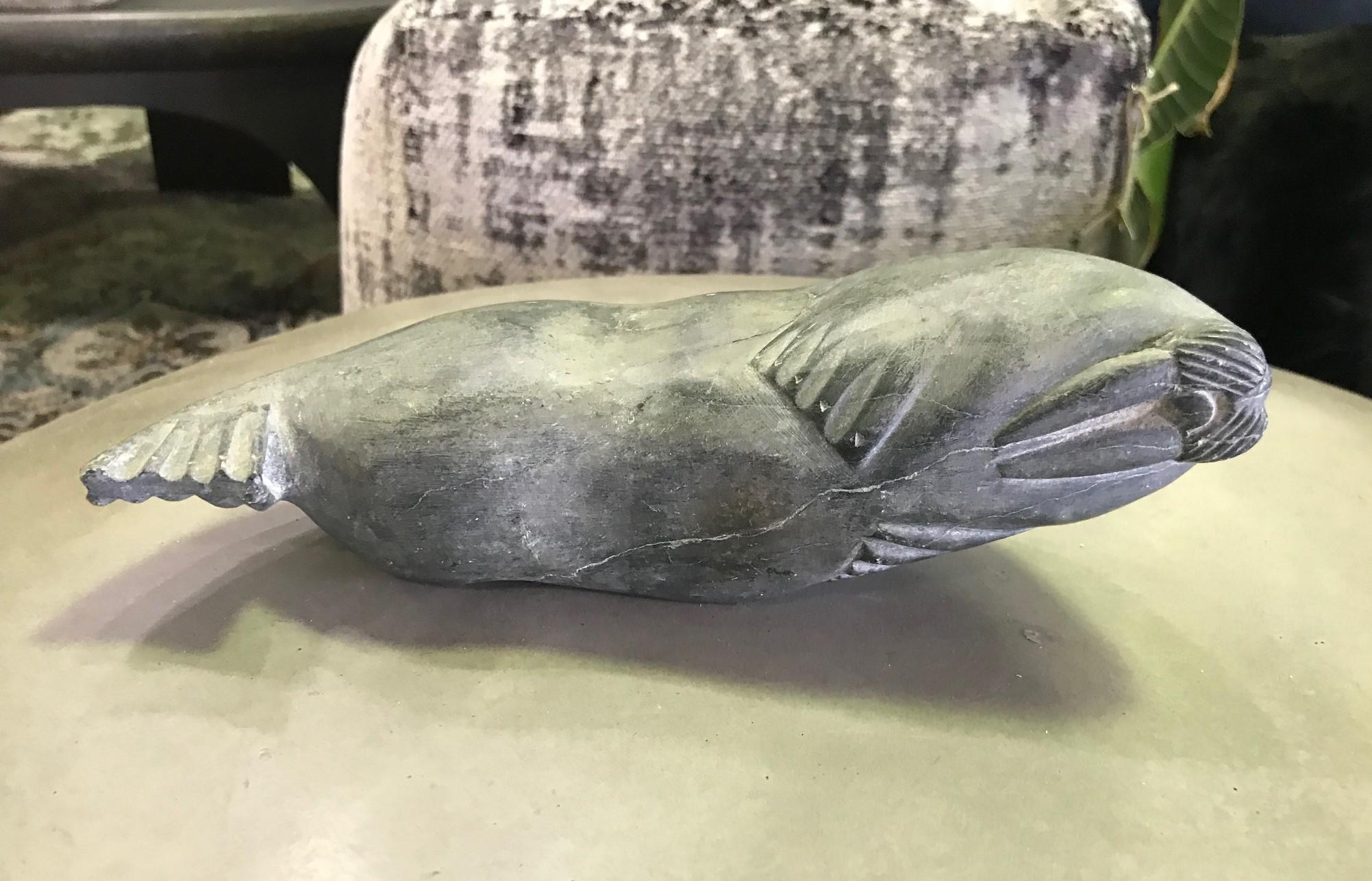 20th Century Inuit Native American Eskimo Signed Stone Carved Walrus Sculpture For Sale