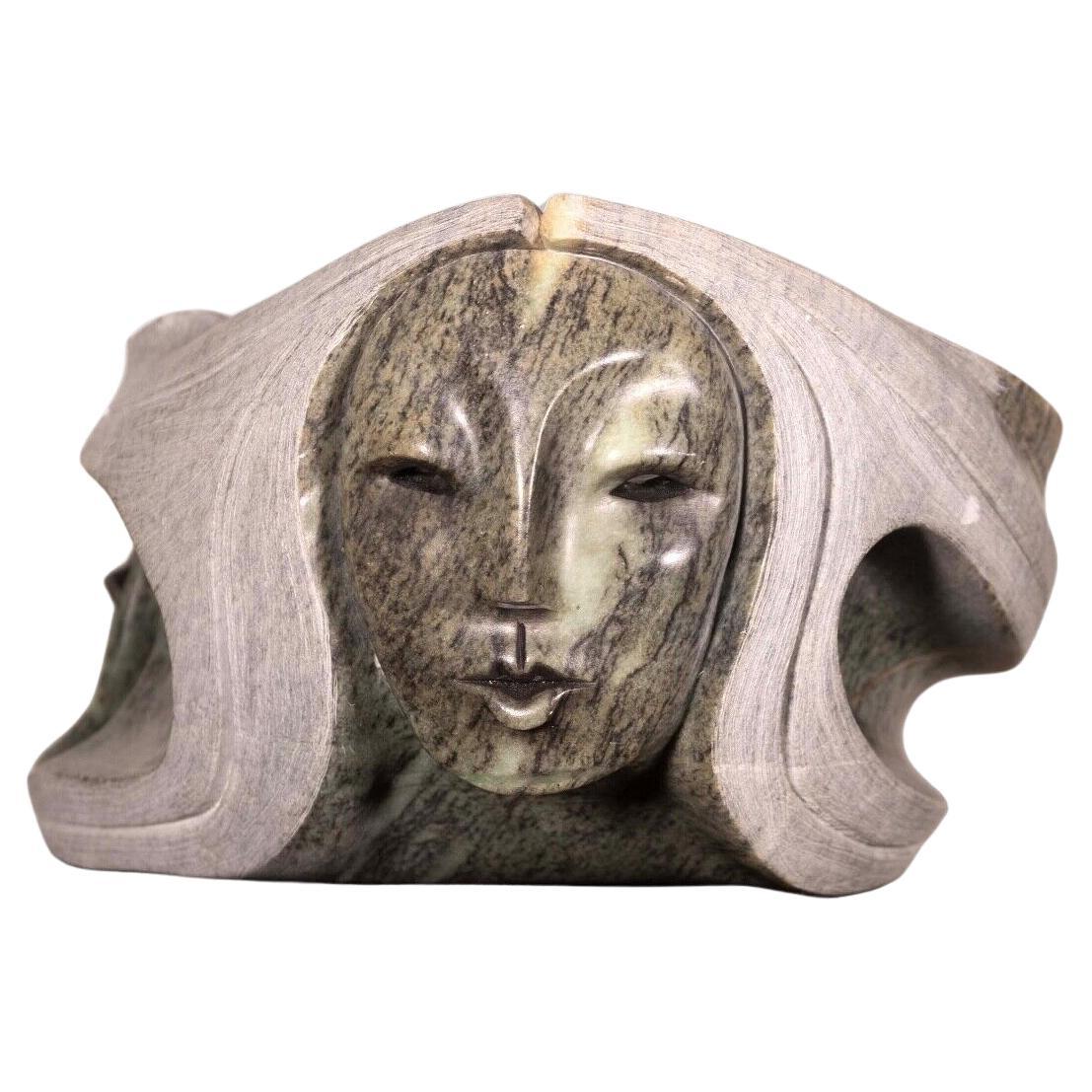 First Nations Sculptor Roy Henry Woman Carved in Stone on Pedestal Signed 2003