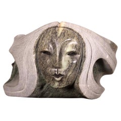 Used First Nations Sculptor Roy Henry Woman Carved in Stone on Pedestal Signed 2003