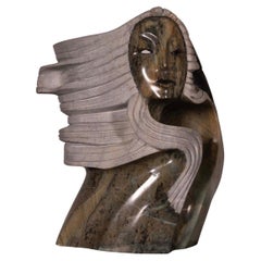 Used First Nations Sculptor Roy Henry Woman Carved in Stones on Pedestal Signed 2003