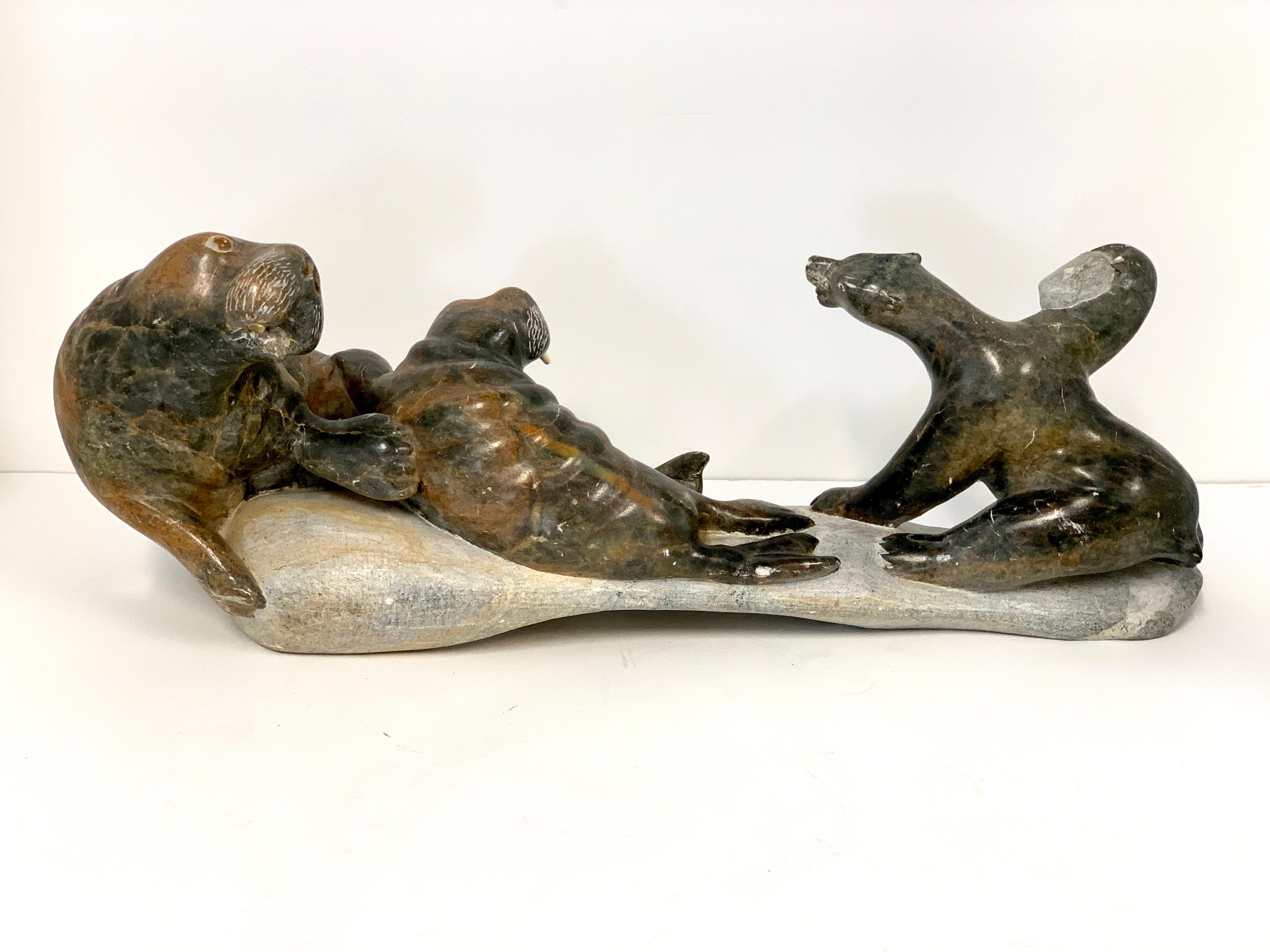 20th Century Inuit Sculpture, Bear Attacking Walrus For Sale