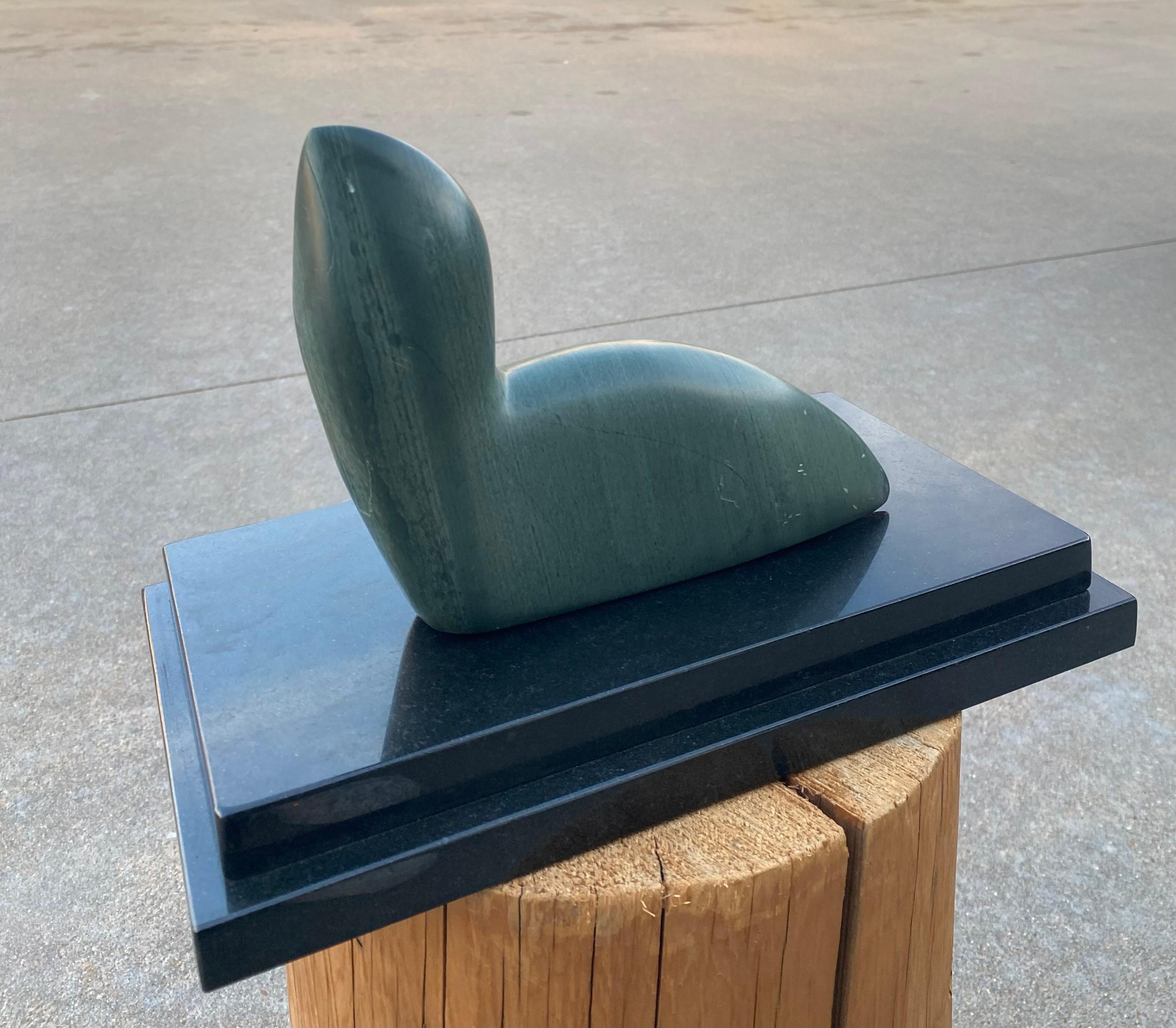 Diese exquisite Inuit-Steinskulptur zeigt ein wunderschönes, detailliertes Siegel, das meisterhaft aus einem massiven Stück Stein gefertigt wurde. Das Stück steht auf einem eleganten Sockel aus schwarzem Marmor, der seine Eleganz unterstreicht und