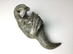 Inuit Stone Carving of a Otter with Shell Signed Drake