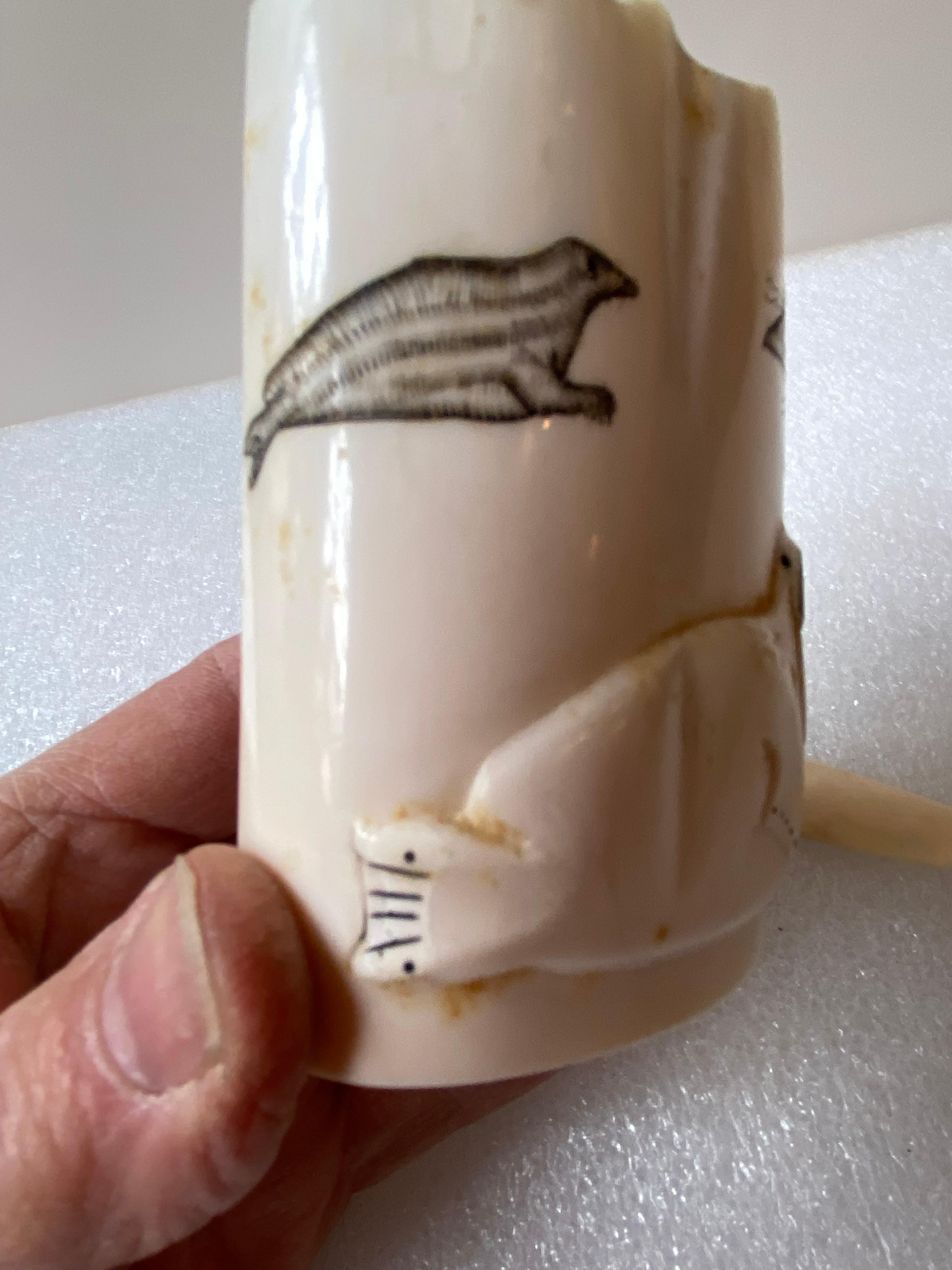 Inuit Walrus tusk carved pencil holder and 6